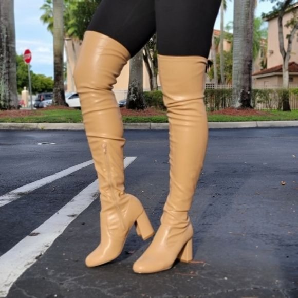 Shoes - Women's Camel Thigh High Over the Knee Boots Chunky Heel
